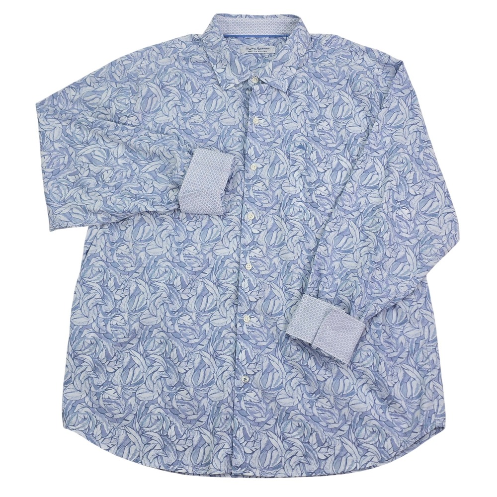 Tommy Bahama Sarasota Stretch Shirt Mens XL Blue Floral Leaf Long Sleeve Casual